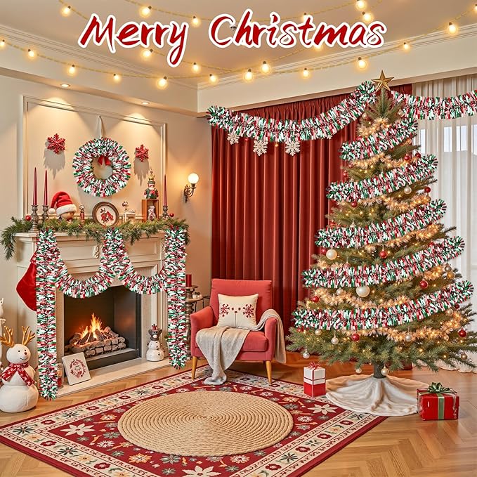 50Ft Christmas Tinsel Garland, Red Grenn Silver Metallic Twist Garland for Xmas Tree Decorations, Tinsel for New Year Party Ceiling Hanging Decorations Indoor and Outdoor Decor