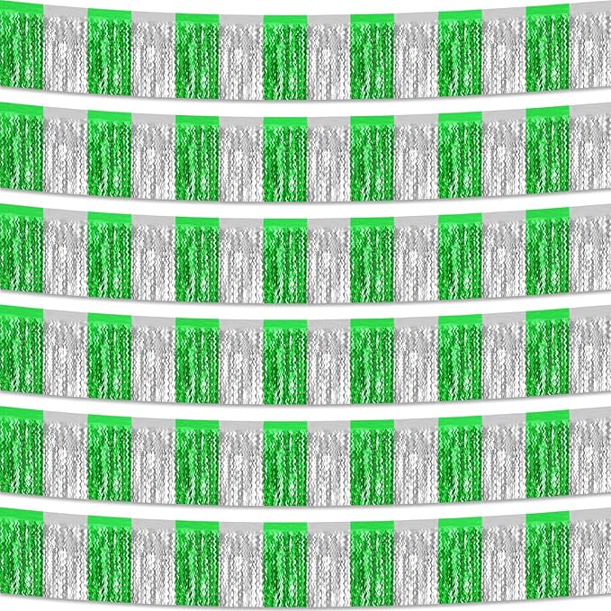 6 Pack 10 Feet Silver Green Wave Foil Fringe Garland Metallic Tinsel Streamers Banner Wall Hanging Curtain Backdrop for Parade Floats, Mother's Day, Easter, Wedding, Birthday Party Decoration