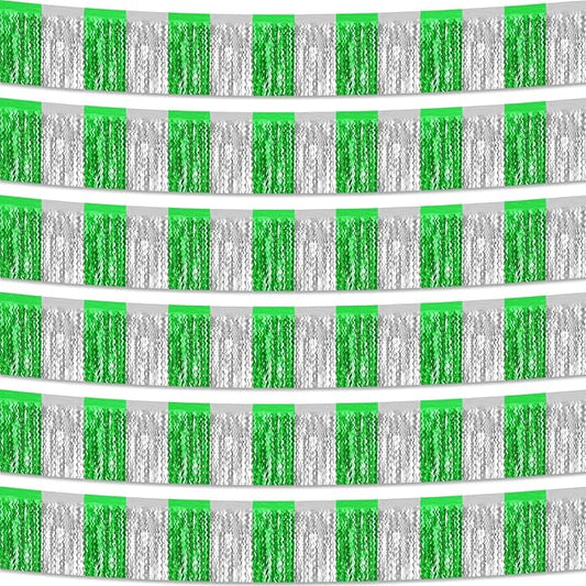 6 Pack 10 Feet Silver Green Wave Foil Fringe Garland Metallic Tinsel Streamers Banner Wall Hanging Curtain Backdrop for Parade Floats, Mother's Day, Easter, Wedding, Birthday Party Decoration