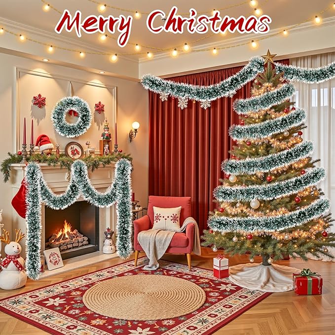 50Ft Christmas Tinsel Garland, Dark Green Snowflake Metallic Twist Garland for Xmas Tree Decorations, Tinsel for New Year Party Ceiling Hanging Decorations Indoor and Outdoor Decor