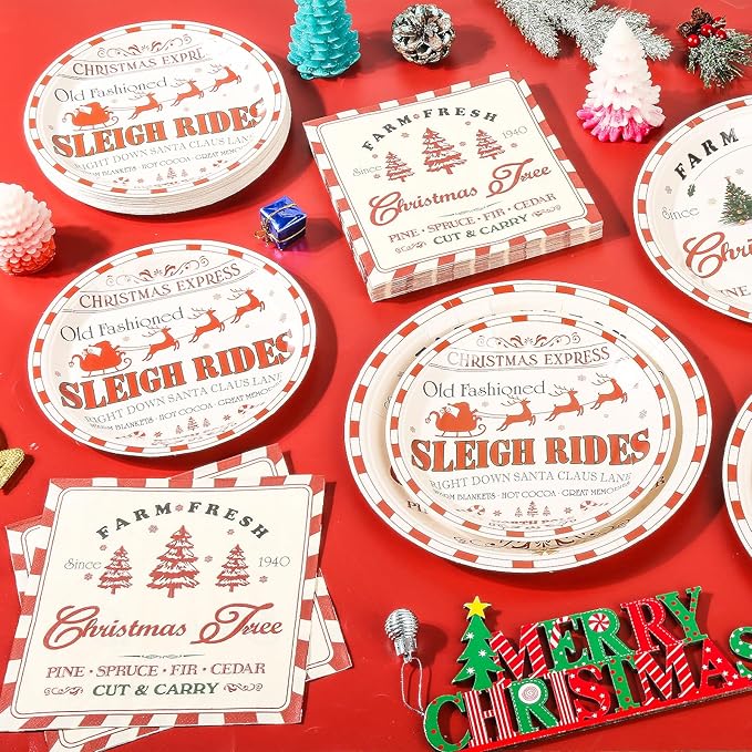 150Pcs Christmas Paper Plates and Napkins Set Vintage Christmas Farmhouse Design Disposable Holiday Plates Dinnerware for Xmas Holiday Winter Party,Serves 50