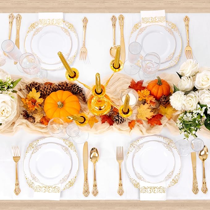 Ciaell 300PCS White and Gold Plastic Plates - Gold Disposable Dinnerware Sets for 50 Guests - 100 Plates, 50 Knives, 50 Forks, 50 Spoons, and 50 Napkins for Wedding, Anniversary, Party & Thanksgiving