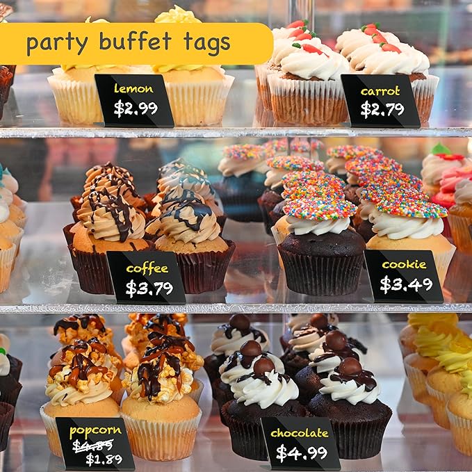 PigPotParty Acrylic Mini Chalkboard Signs for Outdoor Party Buffet, 12 Pcs 4"x3", Glossy Black Elegant Food Labels for Wedding, Table Signs, Place Cards, Include 2 Wet Erase Markers