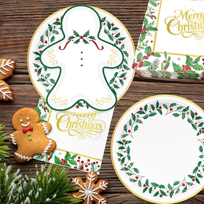 150Pcs Christmas Paper Plates Gingerbread Plates Napkins Disposable Christmas Seasonal Holly Napkins Xmas Holiday Party Supplies Serve 50 Guests