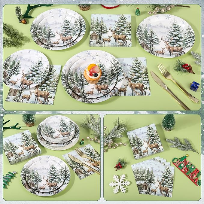 150Pcs Christmas Paper Plates and Napkins Set Christmas Tree Elk Design Disposable Holiday Plates Dinnerware for Xmas Holiday Winter Party,Serves 50