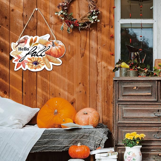 "Hello Fall" Wooden Hanging Sign - 10"Autumn Wood Hanging Decoration,Rustic Thanksgiving Decorative - Applicable Porch Home Wall Indoor Outdoor Decor Or Holiday Gifts For Friends And Family - A04