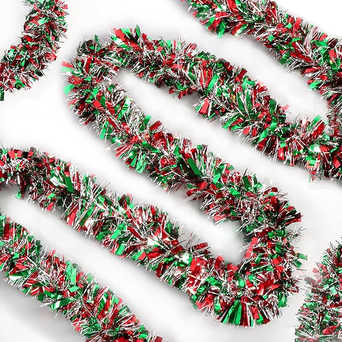 50 Ft Green Red Silver Christmas Tinsel Garland Metallic Twist Shiny Hanging Garland for Christmas Tree Decorations Xmas Holiday Indoor Outdoor Party Supplies Decor