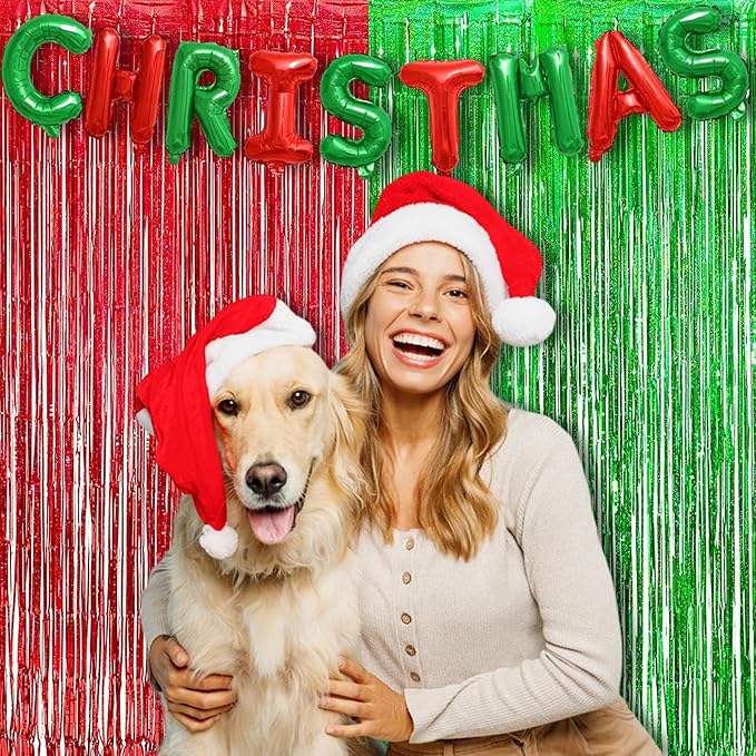 BRAVESHINE Tinsel Foil Fringe Curtains - 2 Pack 3.2 x 8.2 ft Metallic Photo Booth Streamer Backdrops for Birthdays Fiestas Melons Hawaiian Luau Tropical-Theme Christmas Party Decorations - Red Green