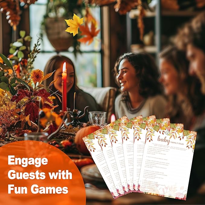 Baby Shower Games Cards, Autumn Baby Family Feud, Thanksgiving Boy or Girl Baby Gender Reveal Party Favors Decorations and Supplies, 25 Pcs Double-Sided - E06