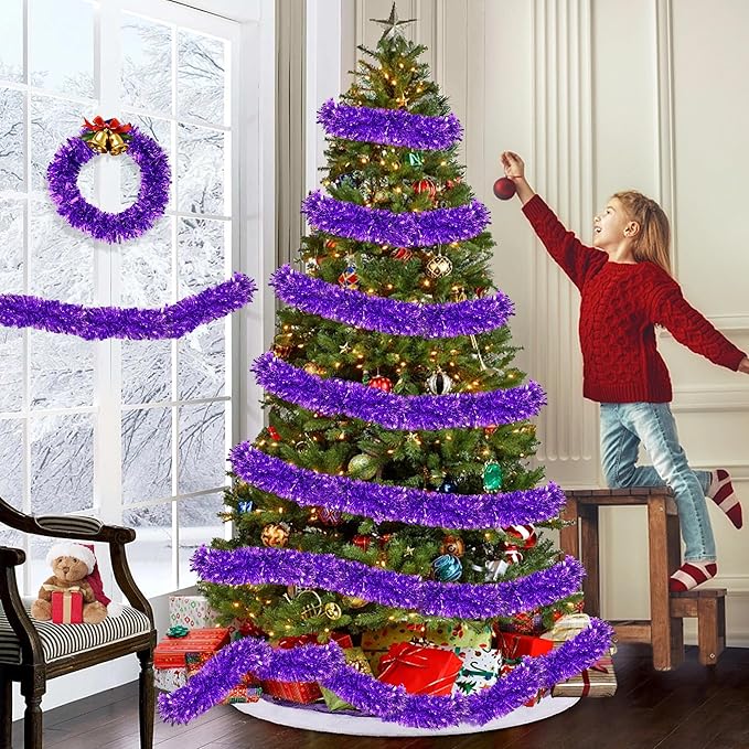 50FT Purple Christmas Tinsel Garland Metallic Twist Xmas Garland for Christmas Tree Decorations Holiday Hanging Garlands for Mantel Staircase Indoor Outdoor Home Office Class Party Holiday Decor