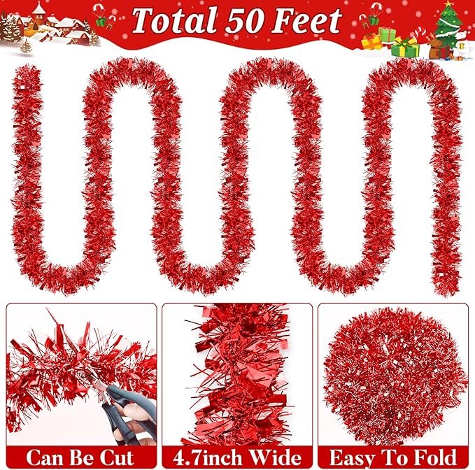 50Ft Christmas Tinsel Garland Red Xmas Tree Decorations Valentine Metallic Glitter Twist Garland for Christmas Decorations Party Anniversary Birthday Holiday Supplies Indoor Outdoor Supplies