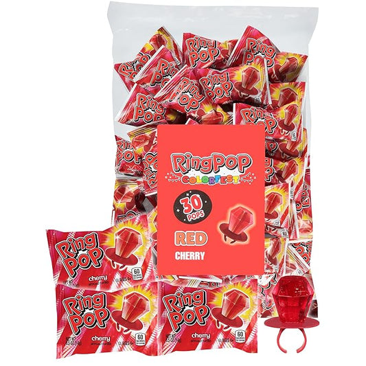 Ring Pop Red Christmas Candy Lollipops, 30 Ct Bulk Individually Wrapped in Red Cherry Flavor, Full Size, Fun Hard Candy For Birthday Parties, Holiday Parties, Stocking Stuffers, Gifts, Party Favors