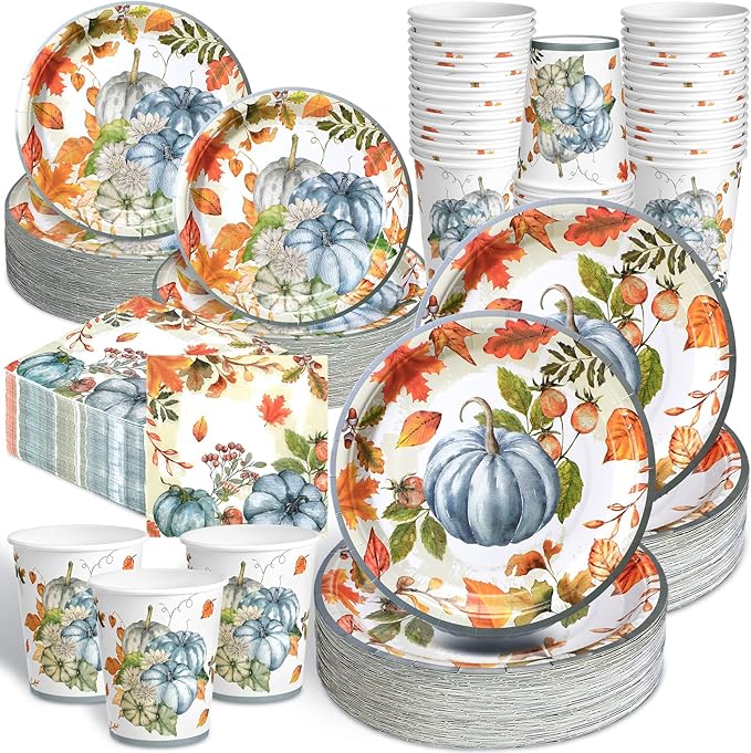 Hsei 250 Pcs Fall Blue Pumpkin Plates and Napkins Party Decorations Disposable Tableware Sets Baby Shower Birthday Party Supplies Serves 50 Guests Dinnerware Baby Bridal Shower Favors