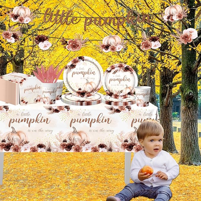 Little Pumpkin Baby Shower Decorations,142PCS Fall Baby Shower Tableware Decorations Include Disposable Little Pumpkin Plates Cups Napkins Tablecloth for Little Pumpkin is On The Way Baby Shower, Boy Girl Little Pumpkin 1st Birthday Party Supplies