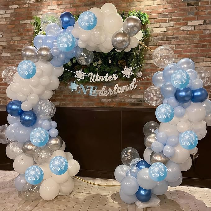 Snowflake Balloons Winter Blue White Silver Balloons Metallic Pearl Blue Silver White Snowflake Balloon Set for Princess Snow Wonderland Ice Christmas Birthday Baby Shower Wedding Party Decorations