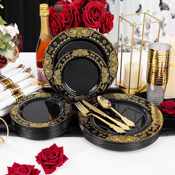 GATHER 350PCS Black and Gold Plastic Plates - Gold Disposable Dinnerware Set Include 50 Dinner Plates, 50 Dessert Plates, 150 Gold Plastic Silverware, 50 Napkins, 50 Cups for Wedding & New Year