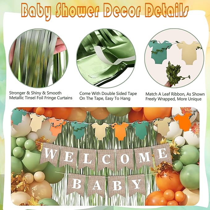 Orange Green Baby Shower Decorations-Welcome Banner Sage Green Sand White Confetti Balloon 'Oh-Baby' Cake Topper Fringe Curtains Paper Pom Poms for Boho Neutral Little Cutie Baby Shower Fall Party