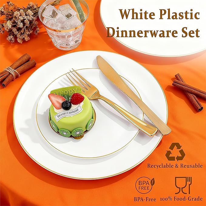 Festiva 350Pcs Gold Plastic Plates - White and Gold Dinnerware Set Disposable include 10" & 7" Plates,Cups,Silverware,Napkins -serve 50 Guests Perfect for Wedding& Chritmas &Thanksgiving Party