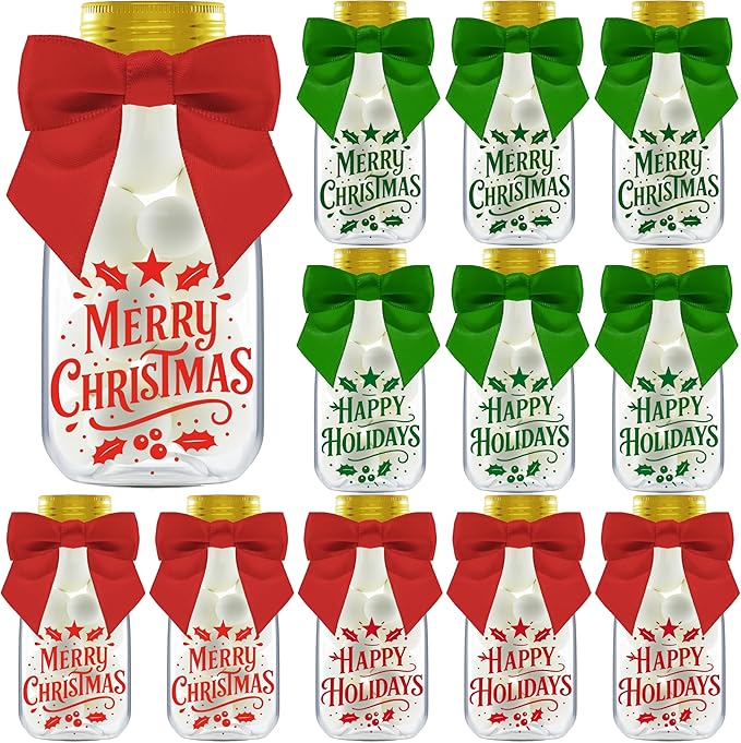 12 Pack Christmas Candy Jars with Ribbons and Stickers - DIY Party Favor Containers for Holiday Parties, Classroom, Stocking Stuffers, and Table Decorations