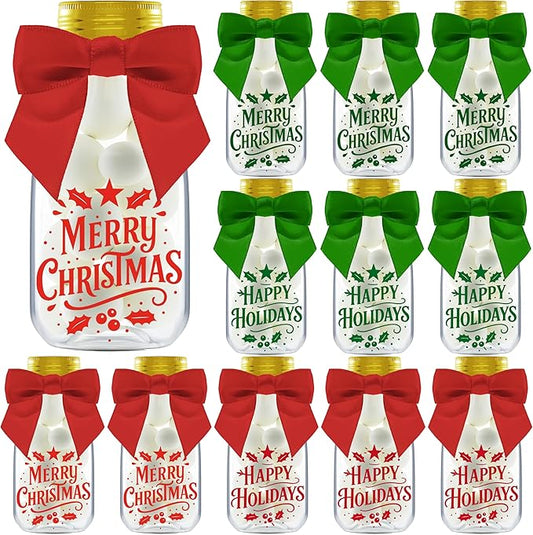 12 Pack Christmas Candy Jars with Ribbons and Stickers - DIY Party Favor Containers for Holiday Parties, Classroom, Stocking Stuffers, and Table Decorations