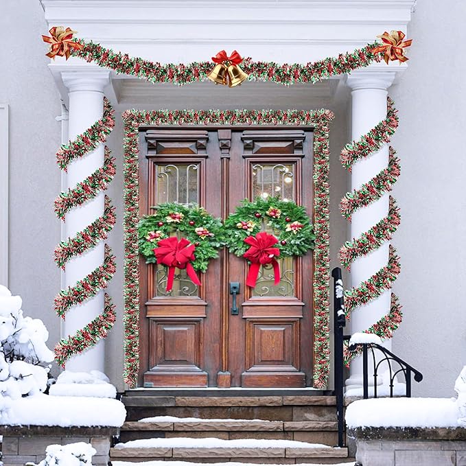 50 Ft Green Red Silver Christmas Tinsel Garland Metallic Twist Shiny Hanging Garland for Christmas Tree Decorations Xmas Holiday Indoor Outdoor Party Supplies Decor