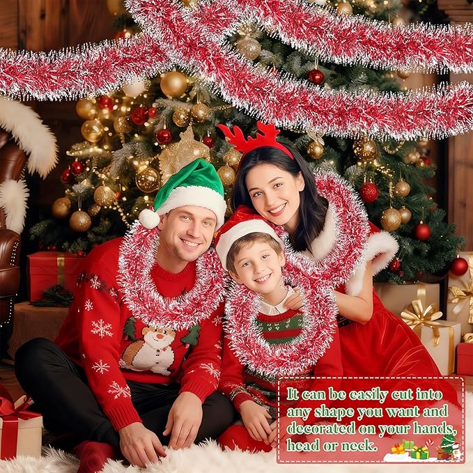 50Ft Christmas Red Tinsel Garland Xmas Tree Decorations Metallic Glitter Twist Garland for Christmas Decorations Anniversary Birthday Wedding Holiday Supplies Indoor Outdoor Supplies