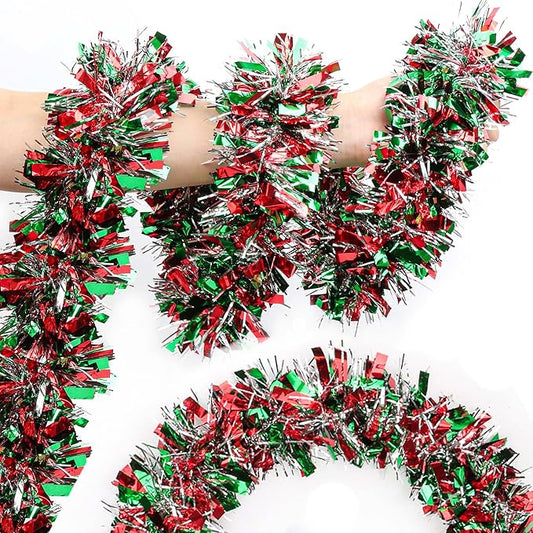 50 Ft Green Red Silver Christmas Tinsel Garland Metallic Twist Shiny Hanging Garland for Christmas Tree Decorations Xmas Holiday Indoor Outdoor Party Supplies Decor