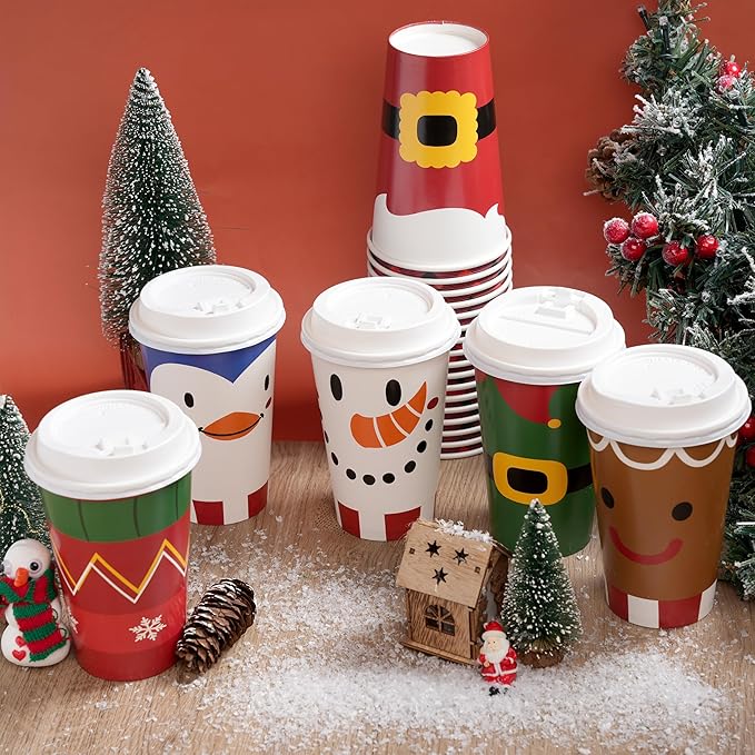 JOYIN 24 PCS Merry Christmas Disposable Paper Cups with Sleeves and Lids, 6 Designs Xmas Drinkware 16 oz, Snowflake Santa Elk Cups for Hot Coffee Cold Beverage Holiday Tableware Supplies Favors