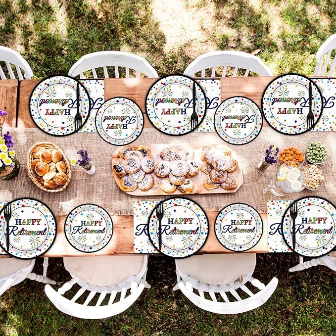 96 Pcs Happy Retirement Party Supplies Colorful Retirement Paper Plates Napkins Table Decorations Retired Themed Dessert Tableware Set Dinnerware Favor Men Woman Indoor Outdoor Decor for 24 Guests