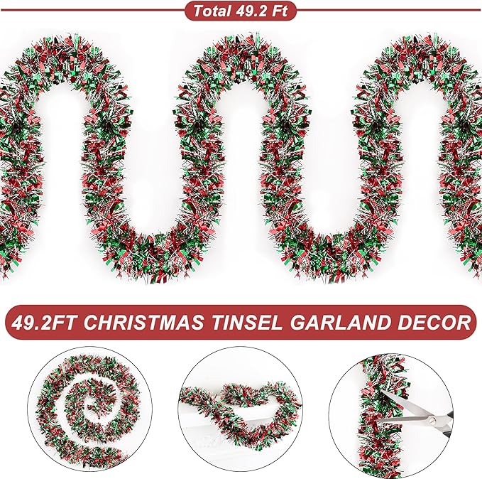 50 Ft Green Red Silver Christmas Tinsel Garland Metallic Twist Shiny Hanging Garland for Christmas Tree Decorations Xmas Holiday Indoor Outdoor Party Supplies Decor