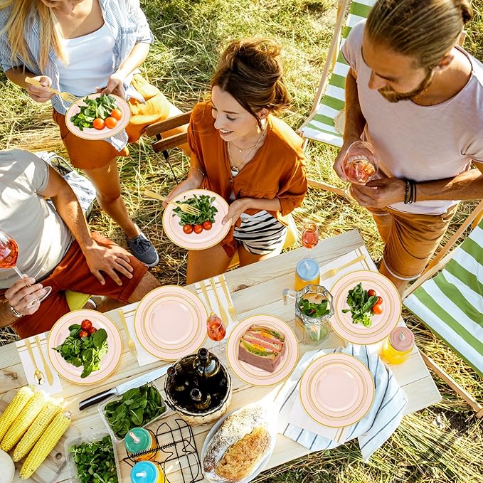 GATHER 700PCS Pink Plastic Plates - Gold Rim Disposable Plastic Dinnerware Set Include 200 Pink Plates, 300 Silverware, 100 Napkins, 100 Cups for Party & Wedding