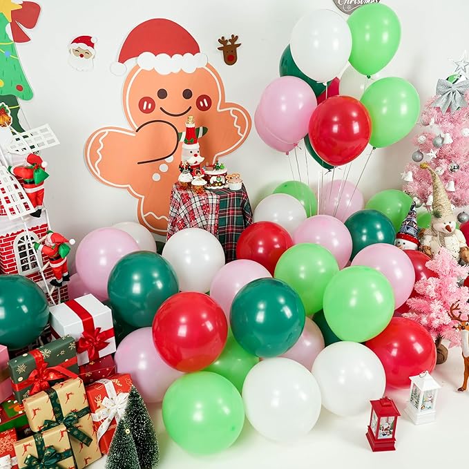 Christmas Balloons, 60pcs Pink Red Green Balloons with Candy Cane Foil Balloon, Retro Green and Pink White Xmas Party Balloon for Christmas Decorations Birthday New Year Carnival Party Supplies