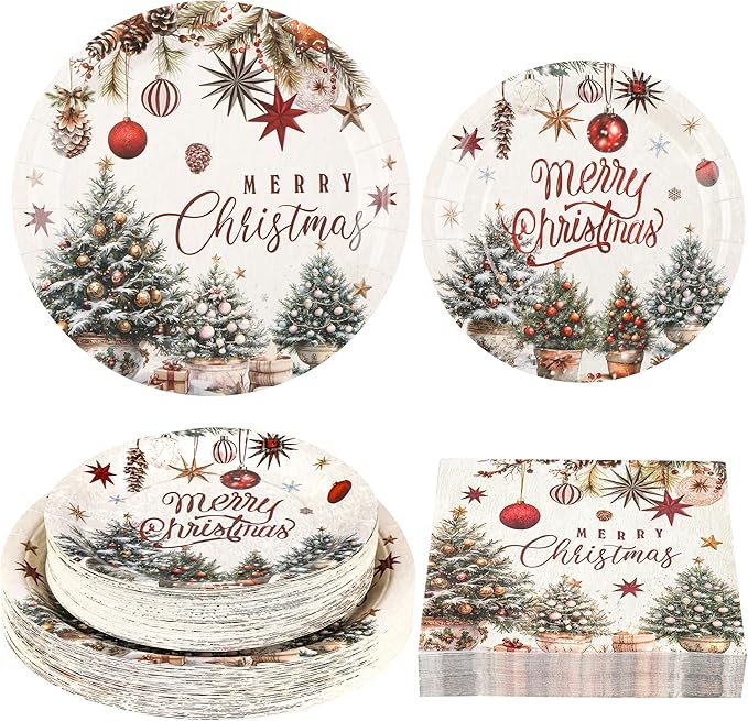 150Pcs Christmas Plates and Napkins Set, Farmhouse Disposable Holiday Dinnerware with Merry Tree & Ornaments, Christmas Paper Plates for Xmas Winter Party, Serves 50