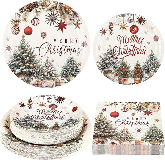 150Pcs Christmas Plates and Napkins Set, Farmhouse Disposable Holiday Dinnerware with Merry Tree & Ornaments, Christmas Paper Plates for Xmas Winter Party, Serves 50