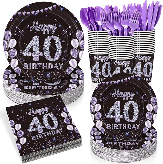 Pickmesh 400 Pcs 40th Birthday Party Supplies Purple Black Happy 40th Birthday Decorations Include Disposable Paper Plates Napkins Cups Cutlery for Men Women Party Serve 50