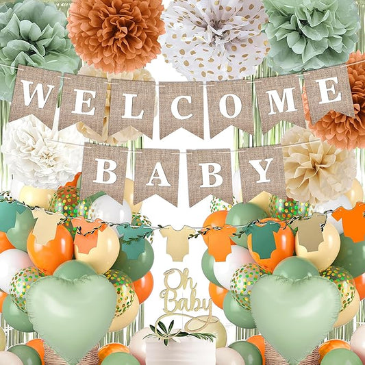 Orange Green Baby Shower Decorations-Welcome Banner Sage Green Sand White Confetti Balloon 'Oh-Baby' Cake Topper Fringe Curtains Paper Pom Poms for Boho Neutral Little Cutie Baby Shower Fall Party