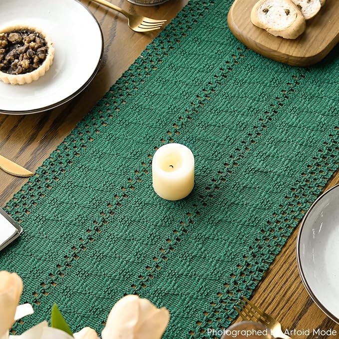 Artoid Mode Dark Green Farmhouse Woven Rustic Hollow Table Runner, Seasonal Holiday Hollow Kitchen Dining Table Decoration for Home Party Decor 12x90 Inch