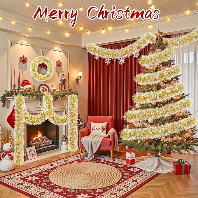 50Ft Christmas Tinsel Garland, Gold Snowflake Metallic Twist Garland for Xmas Tree Decorations, Tinsel for New Year Party Ceiling Hanging Decorations Indoor and Outdoor Decor