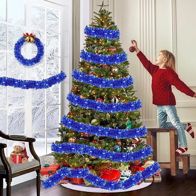 50FT Blue Christmas Tinsel Garland Metallic Twist Xmas Garland for Christmas Tree Decorations Holiday Hanging Garlands for Mantel Staircase Indoor Outdoor Home Office Class Party Holiday Decor