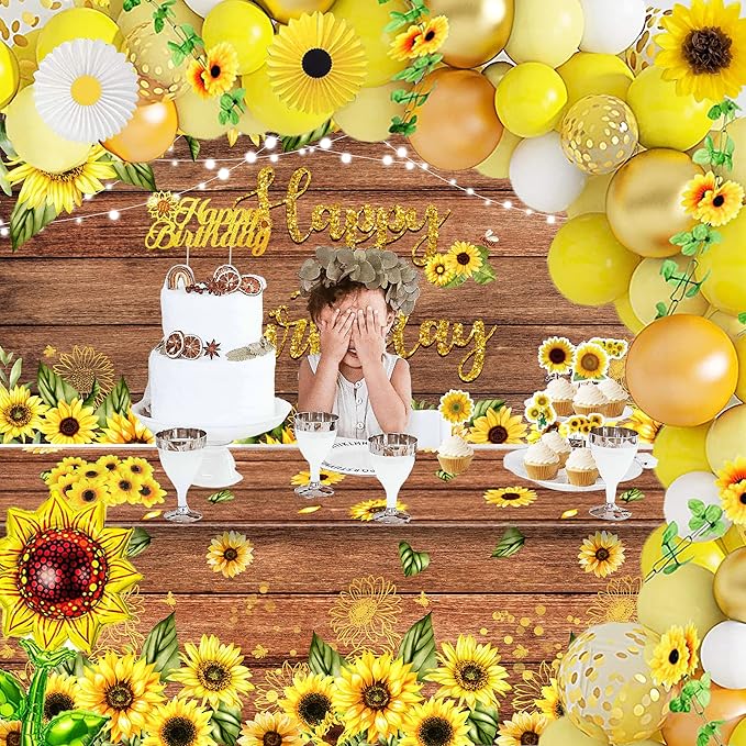 Sunflower Birthday Party Decoration Pack (including Backdrop, Tablecloth, Artificial Sunflowers and A Garland, Cake Topper, Balloon Garland Arch, Foil Balloon, Yellow Tissue Paper Flowers and Fans)…