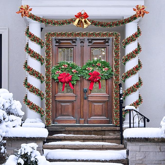 50 Ft Red & Green Christmas Tinsel Garland Metallic Twist Shiny Hanging Garland for Christmas Tree Decorations Xmas Holiday Decor for Home Indoor Outdoor Party Supplies (Red & Green)