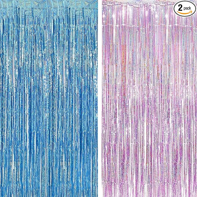 BRAVESHINE Pink Blue Tinsel Foil Fringe Curtains - 2Pcs 3.2x8.2ft Holidays Photo Streamers Backdrop for Christmas/Mermaid/Princess/Easter/Girl or Boy Birthdays/Bridal Shower Party Supplies Decorations