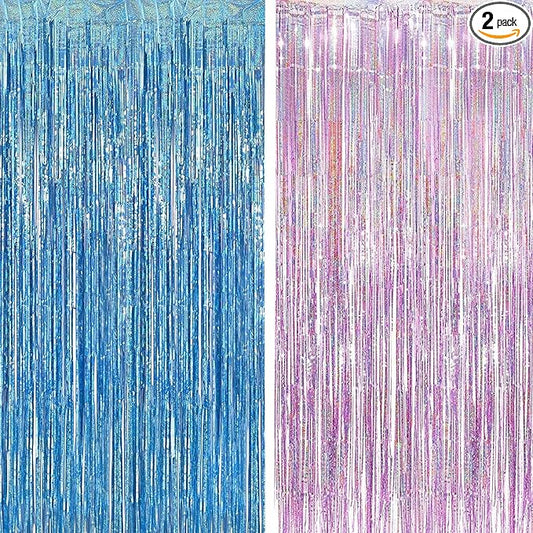 BRAVESHINE Pink Blue Tinsel Foil Fringe Curtains - 2Pcs 3.2x8.2ft Holidays Photo Streamers Backdrop for Christmas/Mermaid/Princess/Easter/Girl or Boy Birthdays/Bridal Shower Party Supplies Decorations