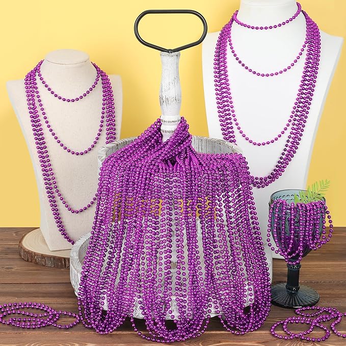 200PCS Mardi Gras Beads, Purple Bead Necklace Party Favors, 33" Holiday Halloween Necklaces Party Parade Throw Accessories, Mardi Gras Halloween Wedding Birthday Celebrations Decorations Bulk