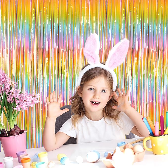 Melsan 2 Pack 3.2 ft x 8.2 ft Pastel Tinsel Foil Fringe Curtains Backdrop, Metallic Rainbow Foil Curtains for Easter Party Decorations Party Photo Booth Props Decoration (Rainbow)