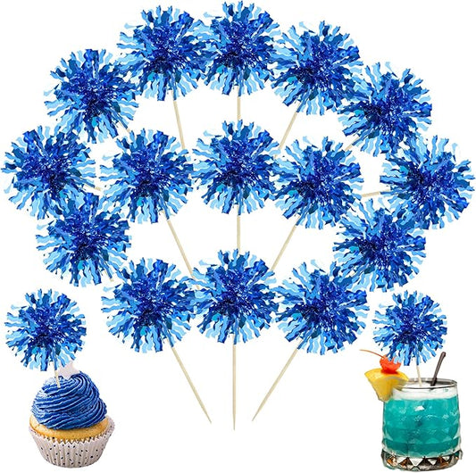 Ephlyn 30Pcs Foil Firework Cupcake Toppers Blue Tinsel Flower Drink Stirrers Cocktail Food Fruit Cake Toppers for Valentine's Day Party Decorations Blue