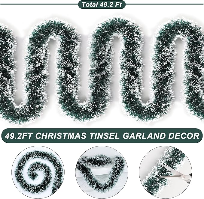50 Feet Green Christmas Tinsel Garland Metallic Twist Shiny Hanging Garland for Christmas Tree Decorations Xmas Holiday Decor for Home Indoor Outdoor Party Supplies - Green