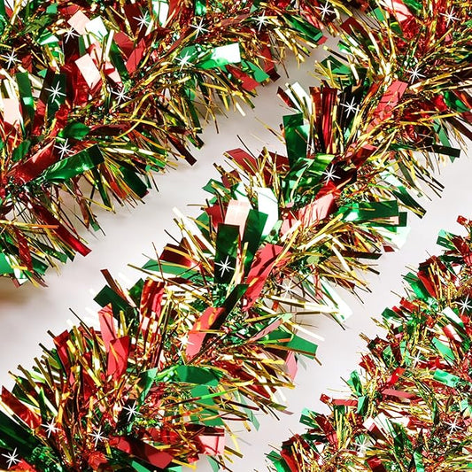 50Ft Christmas Tinsel Twist Garland, Metallic Twist Garland Tree Decorations for Christmas Tree New Year Party Birthday Holiday Supplies Indoor and Outdoor Decoration (Red Green Gold)