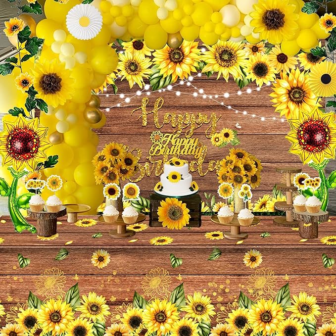 Sunflower Birthday Party Decoration Pack (including Backdrop, Tablecloth, Artificial Sunflowers and A Garland, Cake Topper, Balloon Garland Arch, Foil Balloon, Yellow Tissue Paper Flowers and Fans)…