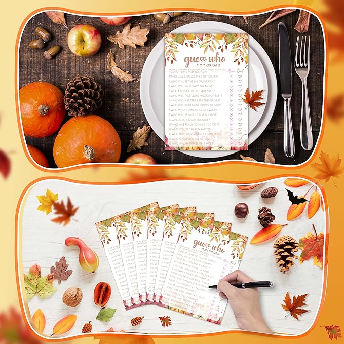 Guess Who? Game Cards, Autumn Baby Shower Games Cards, Thanksgiving Boy or Girl Baby Gender Reveal Party Favors Decorations and Supplies, 25 Pcs Double-Sided - E03
